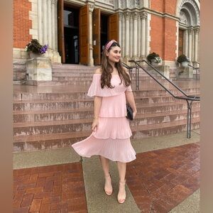 Light pink off the shoulder tiered midi dress